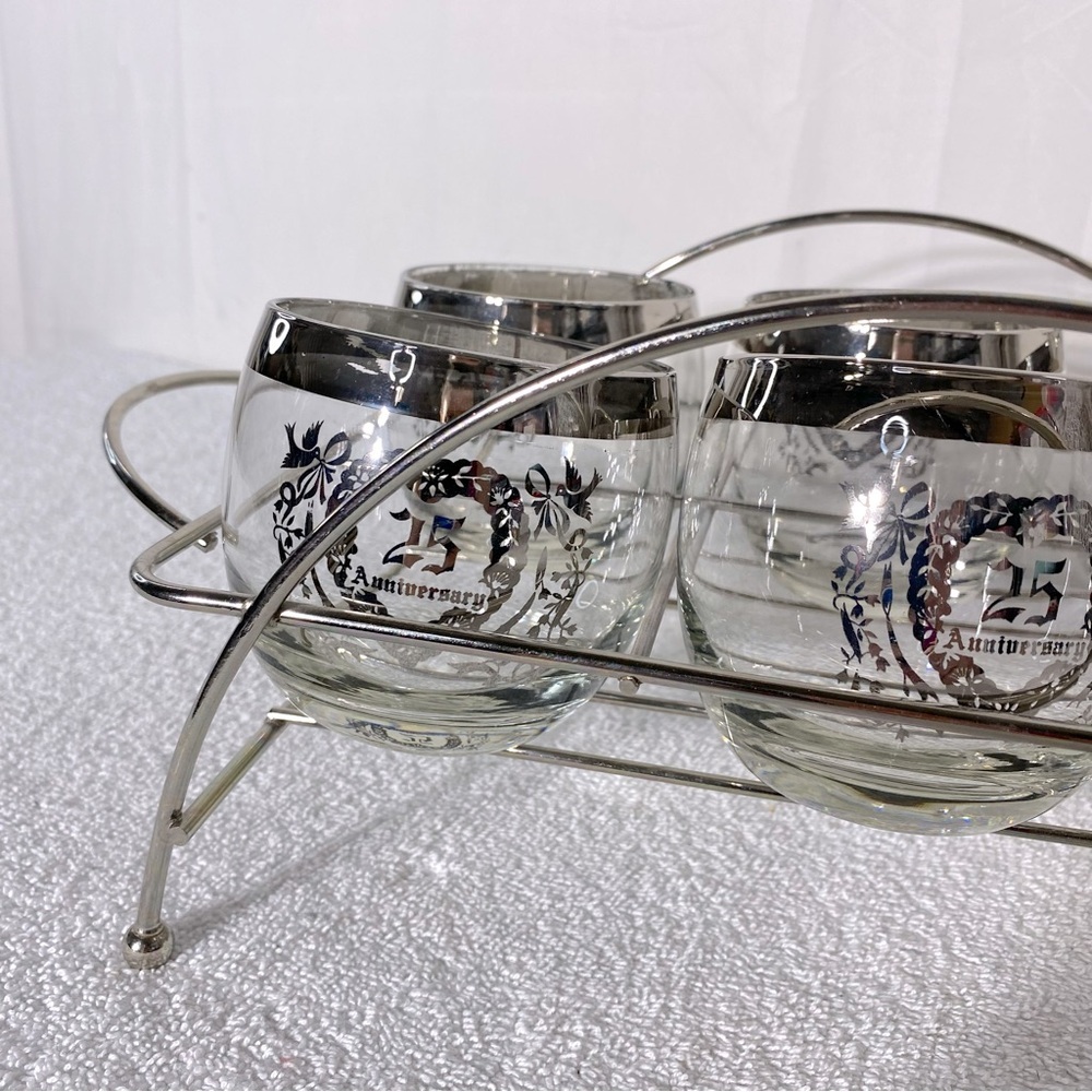 Vintage MCM 25th Anniversary Roly Poly Glasses W Silver Rim & Chrome Caddy - Picture 10 of 12